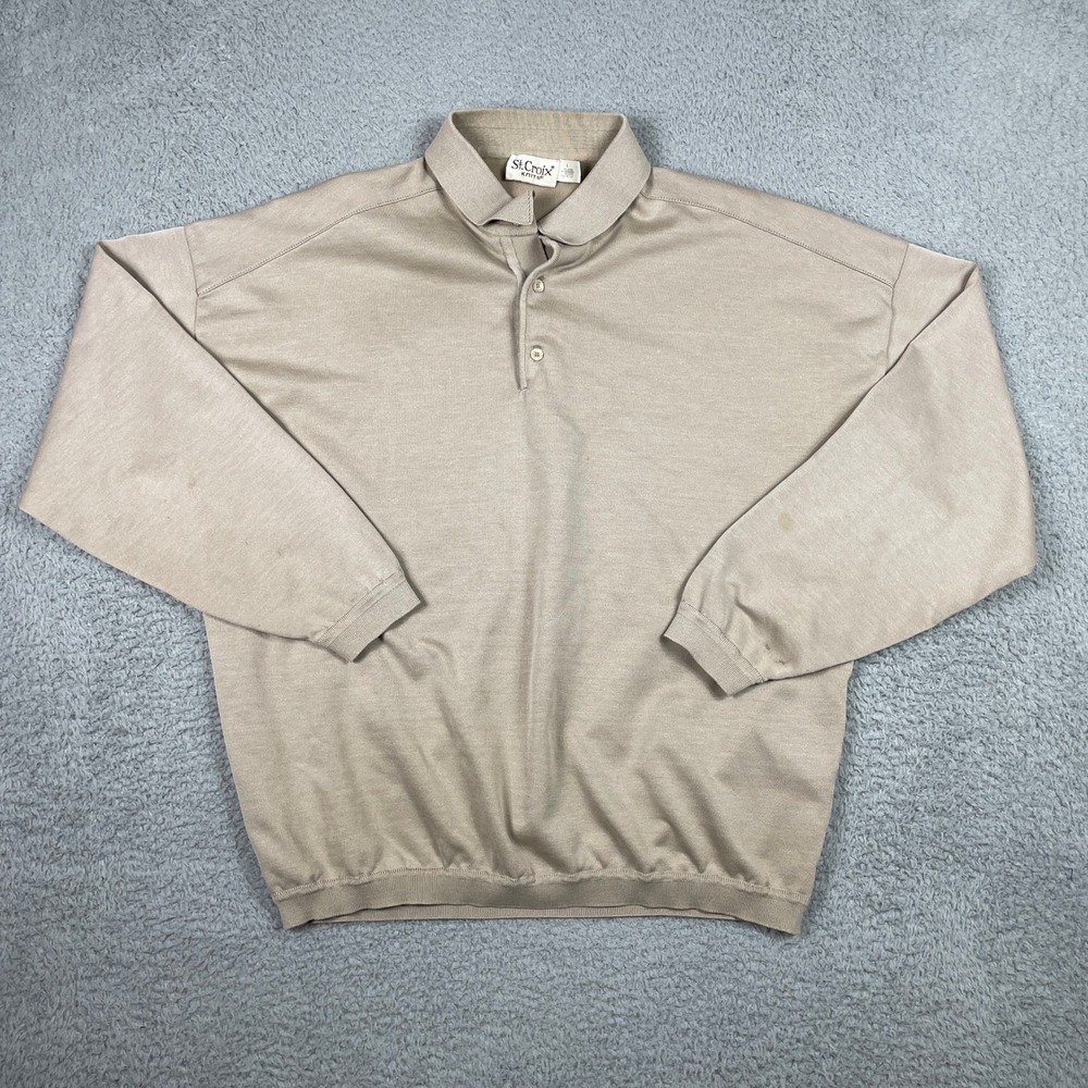 Vintage St. Croix Knits Long Sleeve Polo Sweater Men Large Tan Beige Made In USA